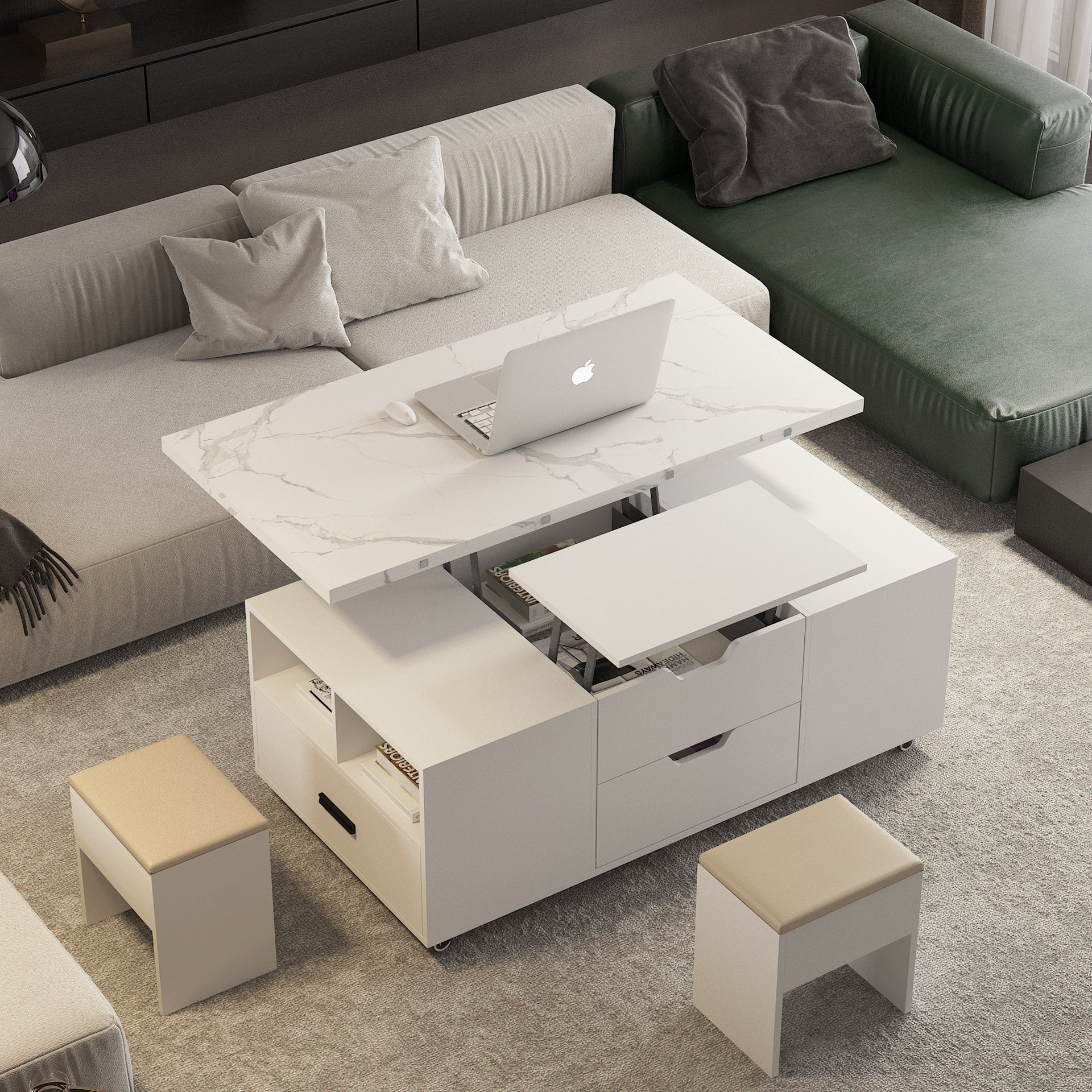 Modern Lift-Up Coffee Table with 2 Stools Set for Living Room Expandable Hidden Storage + Drawers Space Saving Folding Dining Table