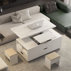 Modern Lift-Up Coffee Table with 2 Stools Set for Living Room Expandable Hidden Storage + Drawers Space Saving Folding Dining Table