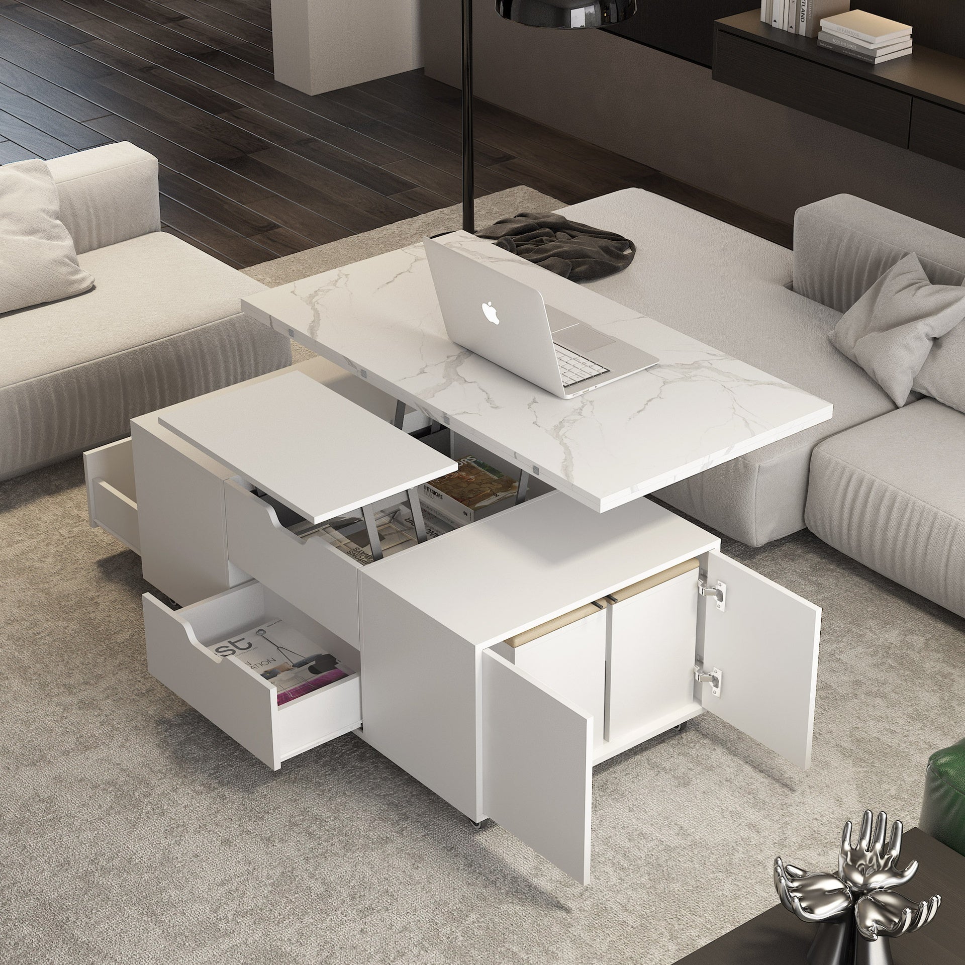 Modern Lift-Up Coffee Table with 2 Stools Set for Living Room Expandable Hidden Storage + Drawers Space Saving Folding Dining Table