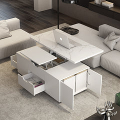 Modern Lift-Up Coffee Table with 2 Stools Set for Living Room Expandable Hidden Storage + Drawers Space Saving Folding Dining Table