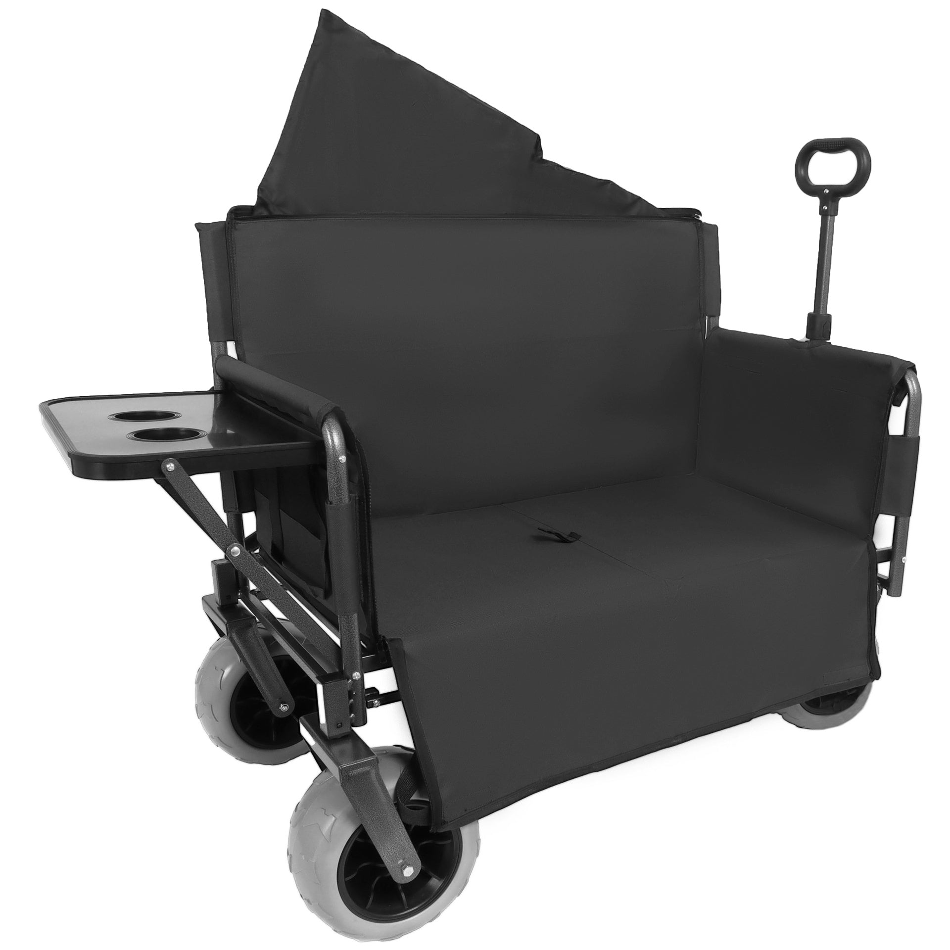 3-in-1 Collapsible Wagon Converts to Bench Convertible Folding Wagon Cart with Rear-Mounted Folding Tabletop, 500lbs Heavy-Duty, 180L Capacity for Camping, Beach, Garden, Fishing-Black