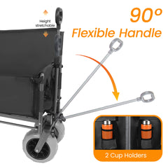 3-in-1 Collapsible Wagon Converts to Bench Convertible Folding Wagon Cart with Rear-Mounted Folding Tabletop, 500lbs Heavy-Duty, 180L Capacity for Camping, Beach, Garden, Fishing-Black