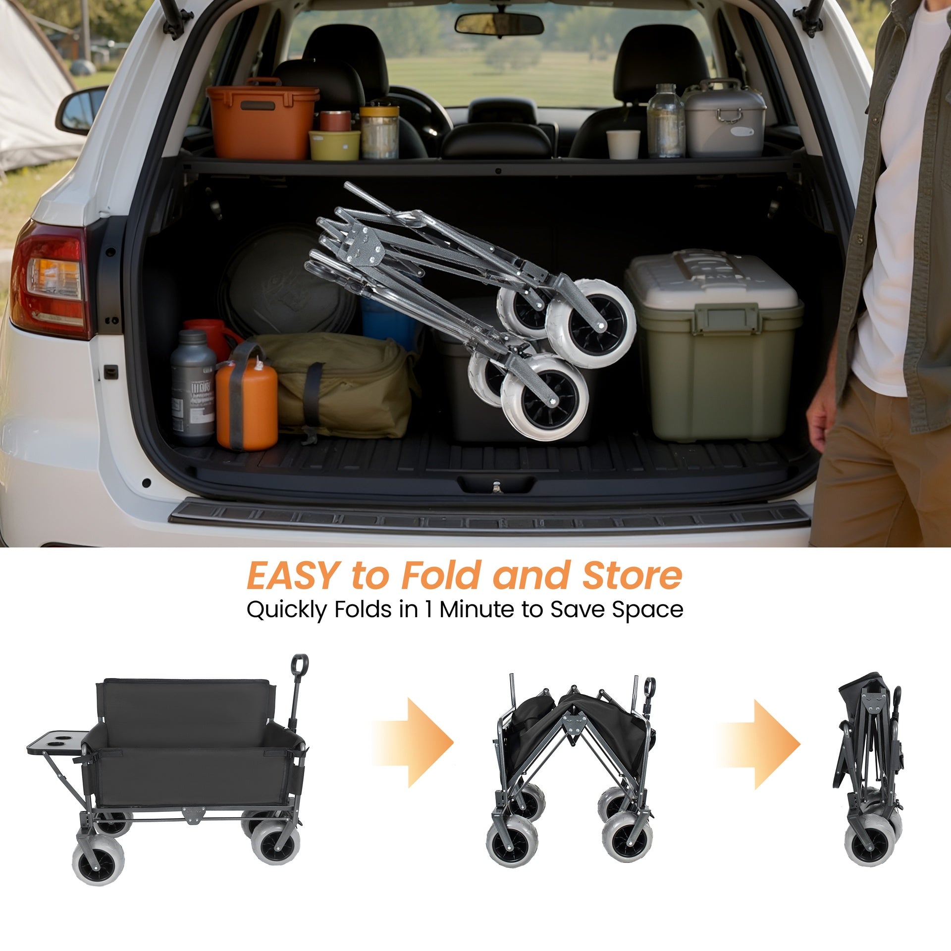 3-in-1 Collapsible Wagon Converts to Bench Convertible Folding Wagon Cart with Rear-Mounted Folding Tabletop, 500lbs Heavy-Duty, 180L Capacity for Camping, Beach, Garden, Fishing-Black