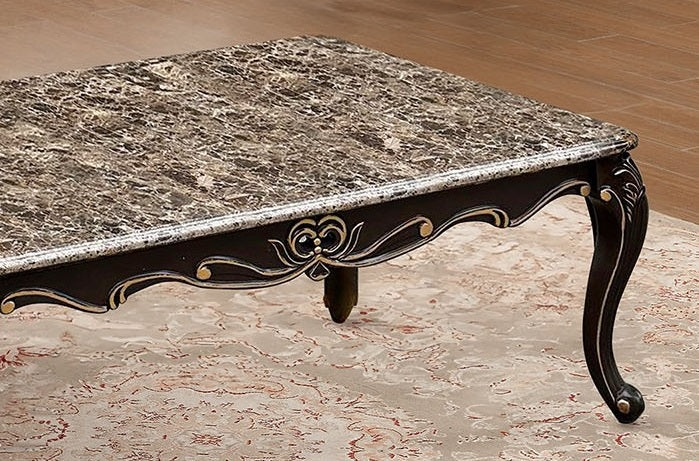 Transitional Style 1x Coffee Table 1x End Table Marble Top Curved Detail Dark Walnut Primary Living Room 2pc Coffee Table Set