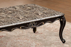 Transitional Style 1x Coffee Table 1x End Table Marble Top Curved Detail Dark Walnut Primary Living Room 2pc Coffee Table Set