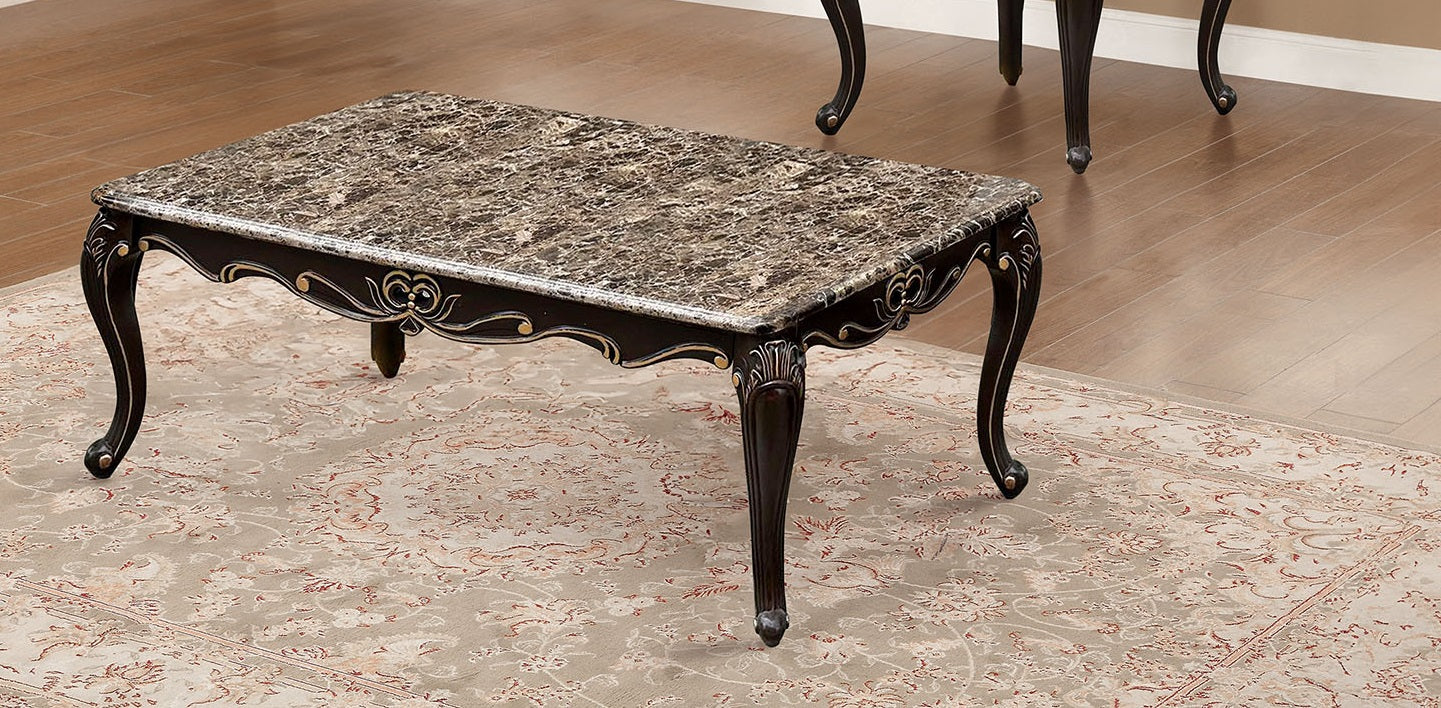 Transitional Style 1x Coffee Table 1x End Table Marble Top Curved Detail Dark Walnut Primary Living Room 2pc Coffee Table Set