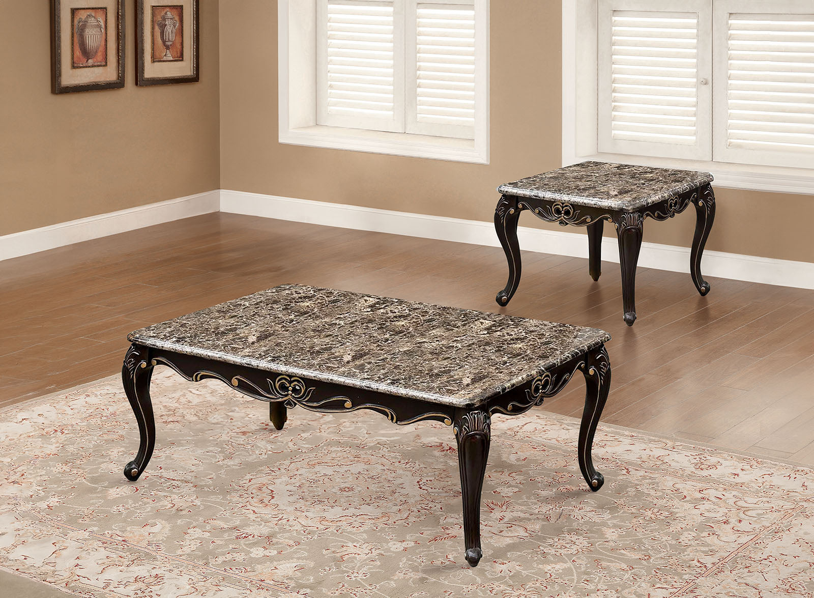 Transitional Style 1x Coffee Table 1x End Table Marble Top Curved Detail Dark Walnut Primary Living Room 2pc Coffee Table Set