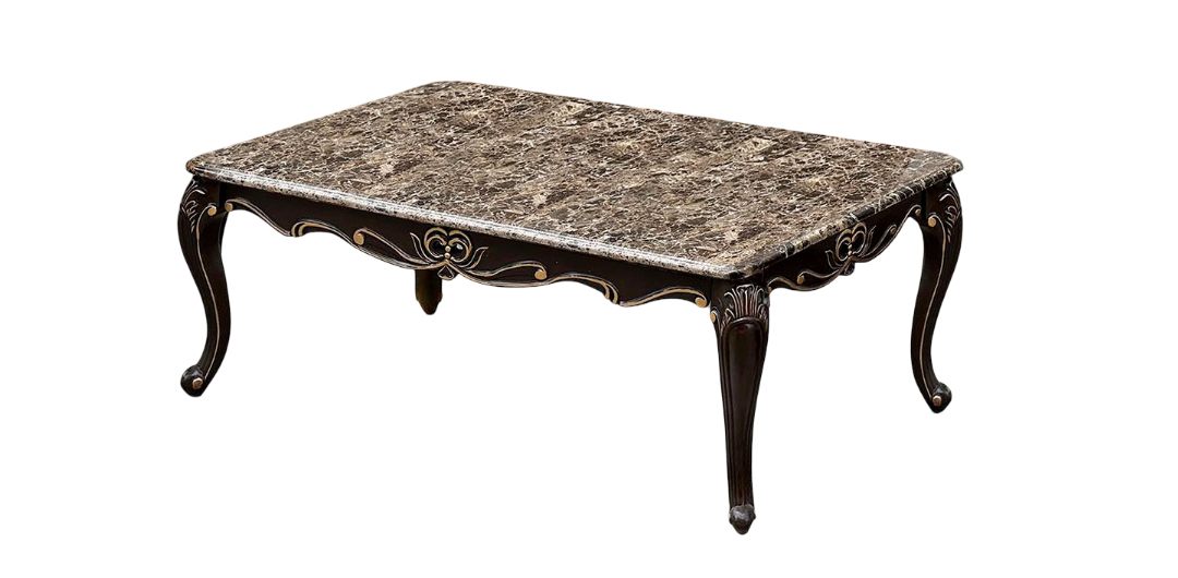 Transitional Style 1x Coffee Table 1x End Table Marble Top Curved Detail Dark Walnut Primary Living Room 2pc Coffee Table Set