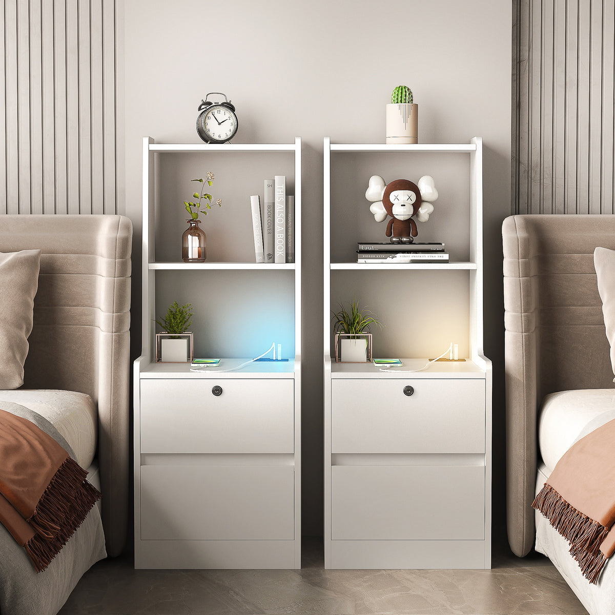 Nightstands Set of 2, with Charging Station, Smart Nightstand with Night Light, Modern Night Stand with Bookshelf, Bedside Tables with Storage Cabinet for Bedroom,White