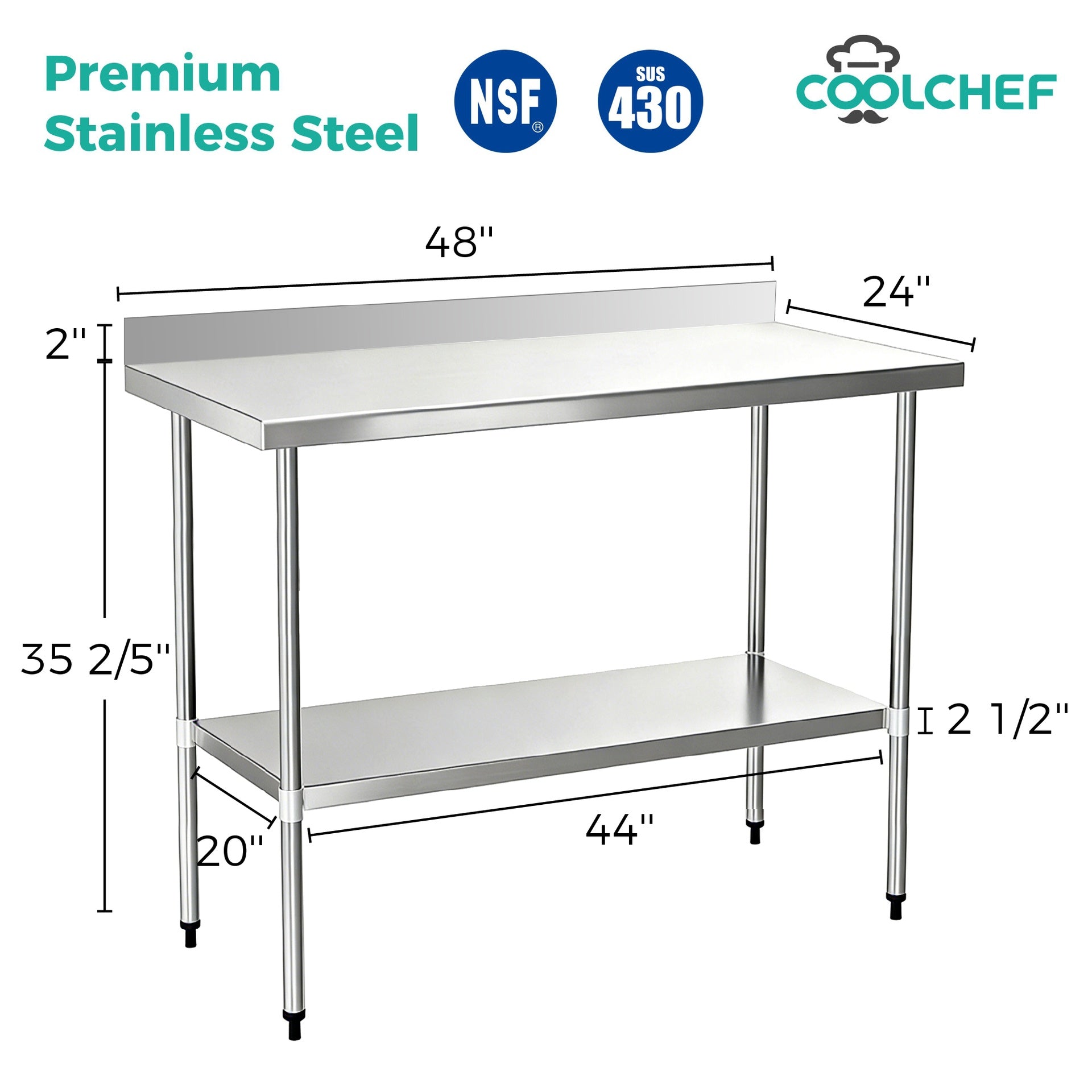 24" x 48" 18-Gauge Stainless Steel Commercial Work Table with 4" Backsplash and Undershelf