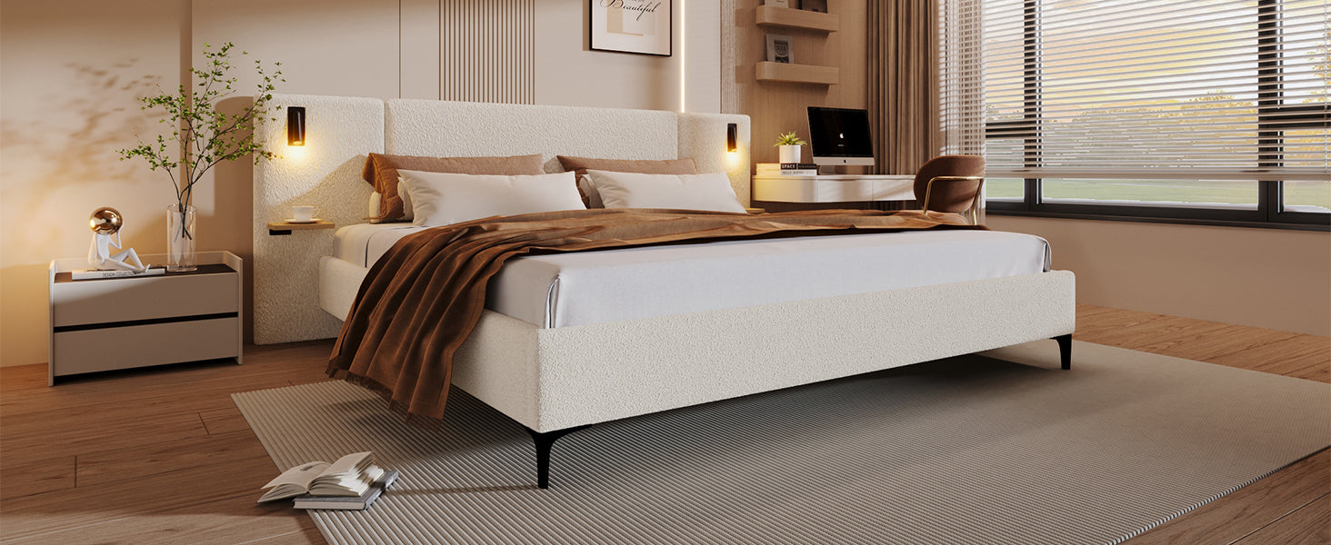 Chic Boucle Upholstered Bed with Integrated Lights and Shelves, White, King