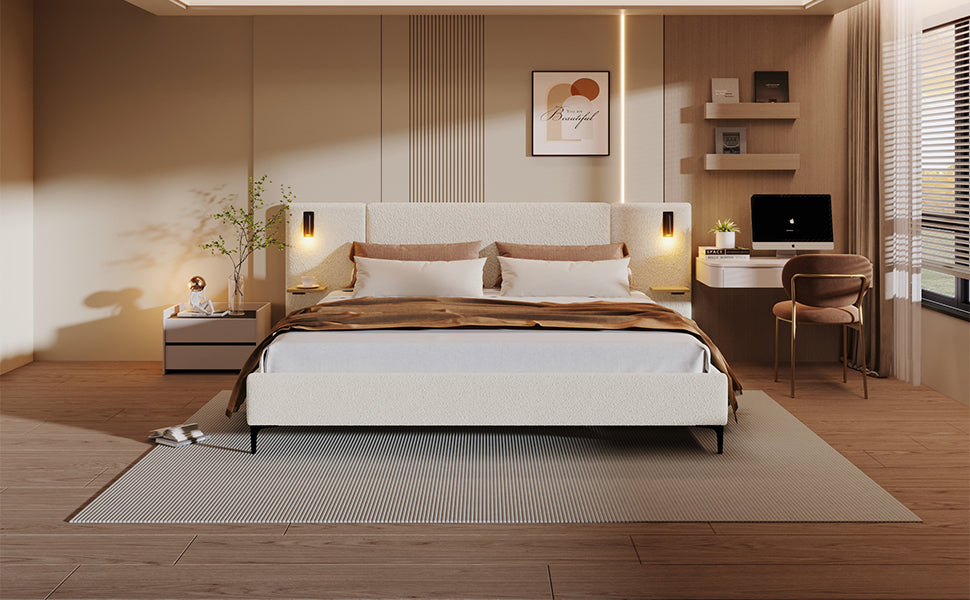 Chic Boucle Upholstered Bed with Integrated Lights and Shelves, White, King