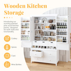 [Assembly&Show Video Available] TOPMAX Freestanding Large Kitchen Pantry Wooden Kitchen Storage Cabinet Cupboard with 8 Door Shelves,3 Adjustable Shelves,7 Drawers& 8 Wine Racks, White