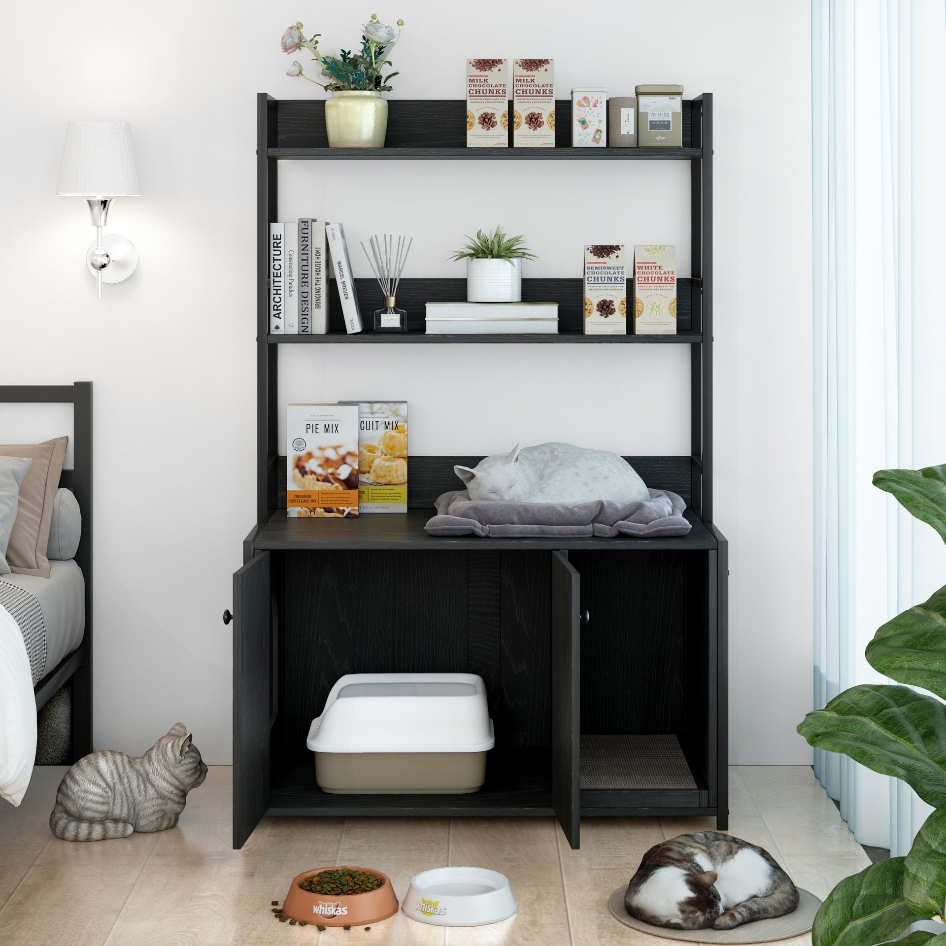 Large Cat Litter Box Enclosure With Shelf Storage, Hidden Cat Washroom Furniture, Wooden Cat House With Scratch Pad, Sturdy Indoor Cat Cabinet With 2 Doors(Black)