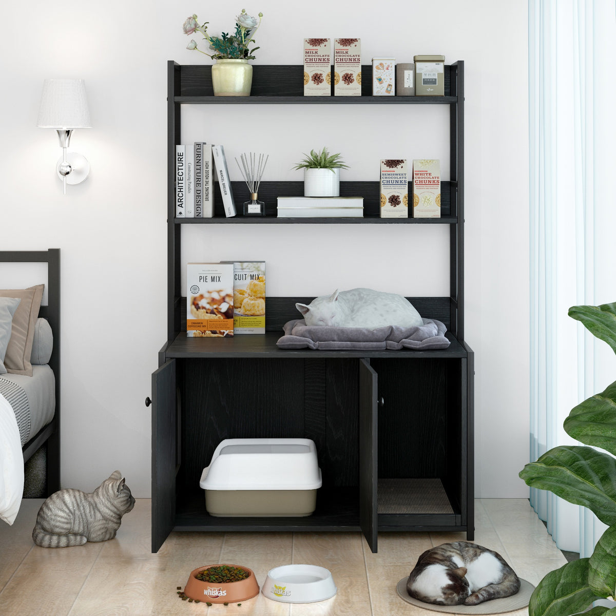 Large Cat Litter Box Enclosure With Shelf Storage, Hidden Cat Washroom Furniture, Wooden Cat House With Scratch Pad, Sturdy Indoor Cat Cabinet With 2 Doors(Black)