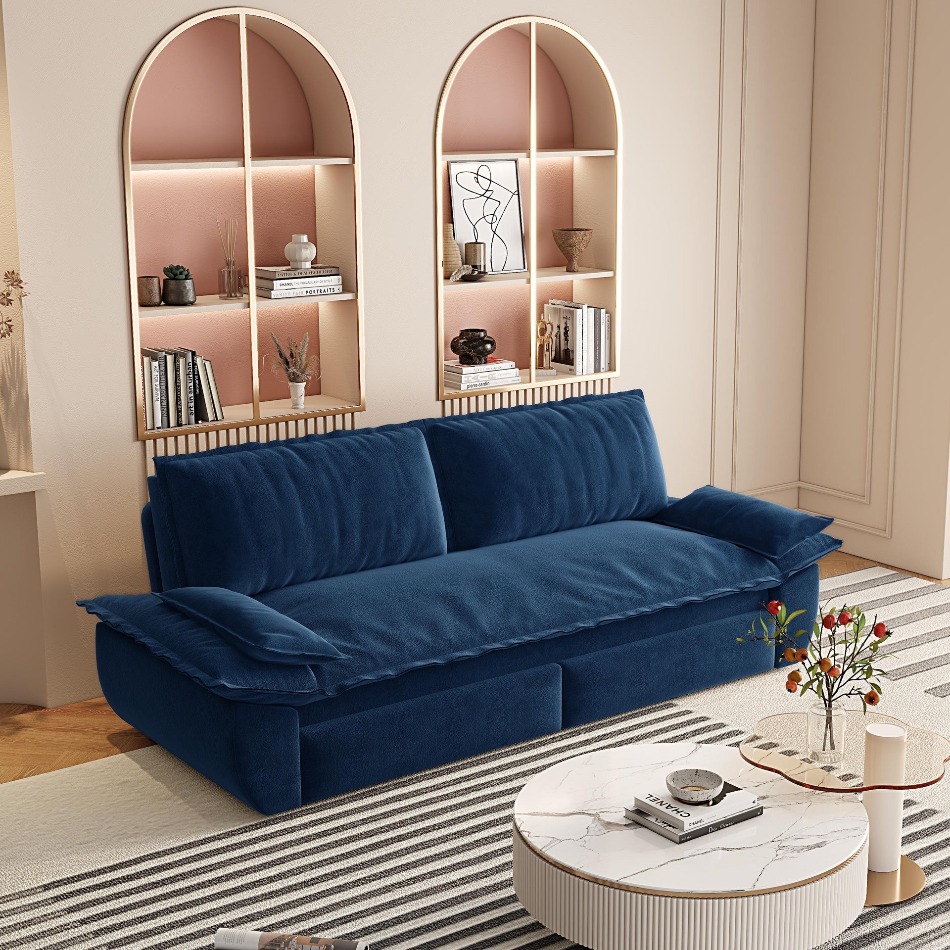 73.2"Queen Pull Out Sofa Bed,3-in-1 Convertible Sleeper Sofa,Multi-Functional Velvet Loveseat Bed,Blue (Old sku:W1885S00124/W1885S00199/W1885S00232)