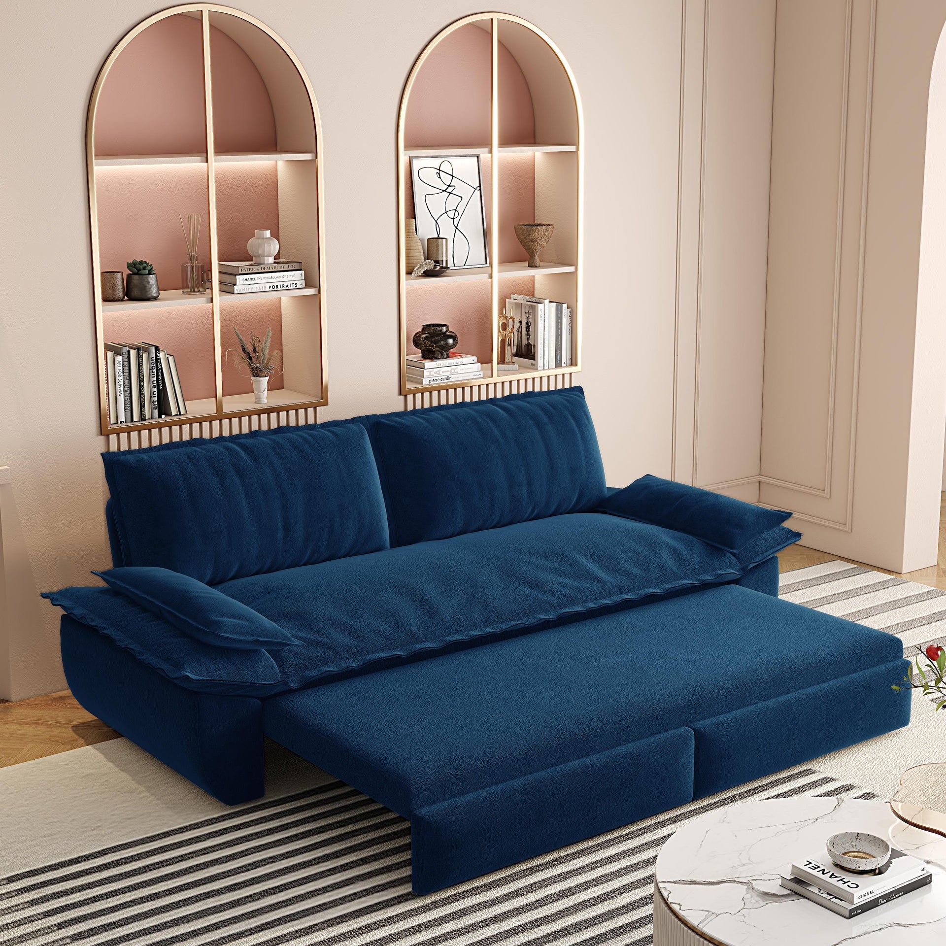 73.2"Queen Pull Out Sofa Bed,3-in-1 Convertible Sleeper Sofa,Multi-Functional Velvet Loveseat Bed,Blue (Old sku:W1885S00124/W1885S00199/W1885S00232)