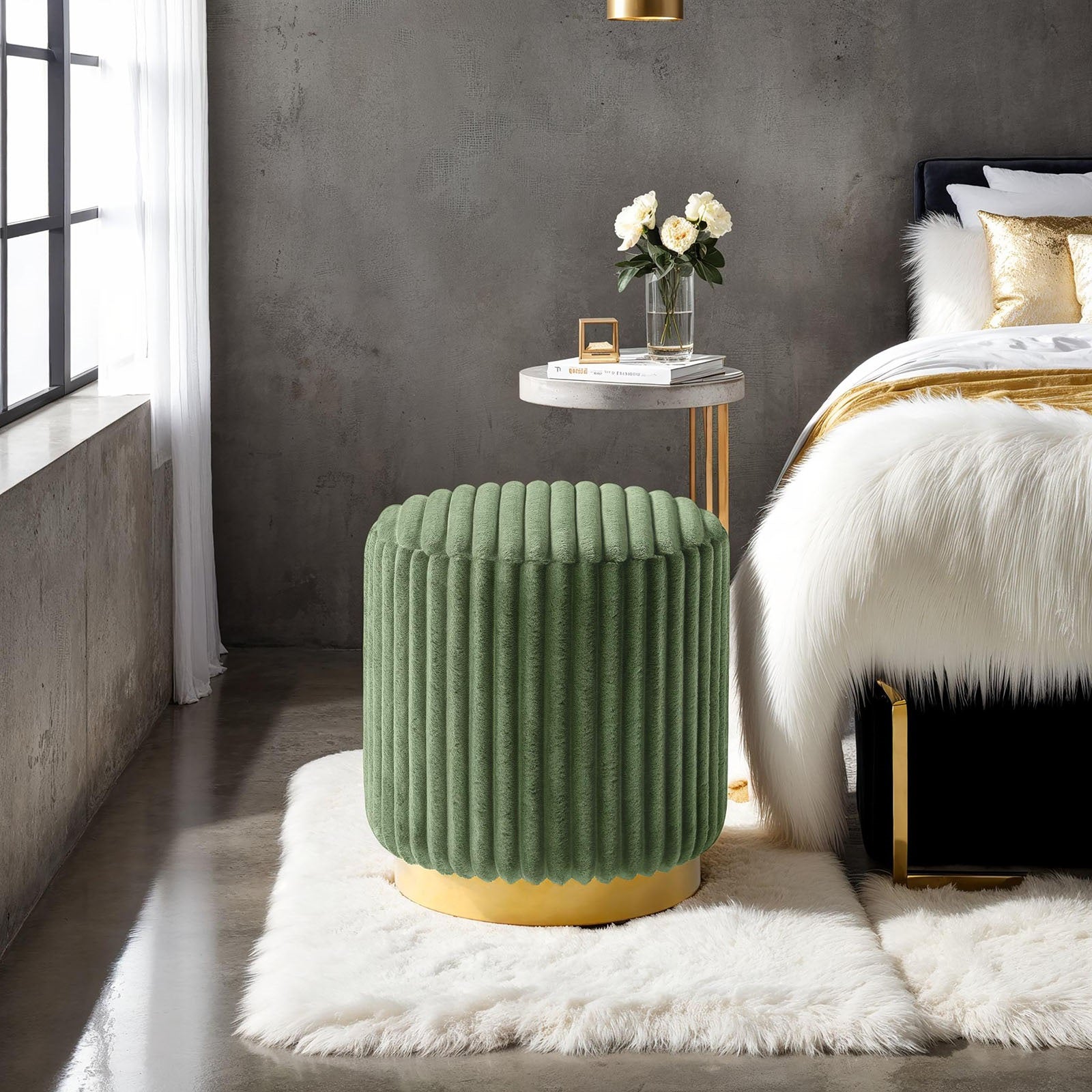 Green Finish Contemporary Style 1pc Round Accent Stool Gold Base Stainless Steel Fur Fabric Primary Living Room