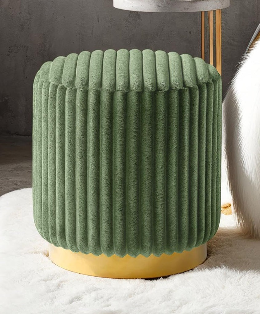 Green Finish Contemporary Style 1pc Round Accent Stool Gold Base Stainless Steel Fur Fabric Primary Living Room