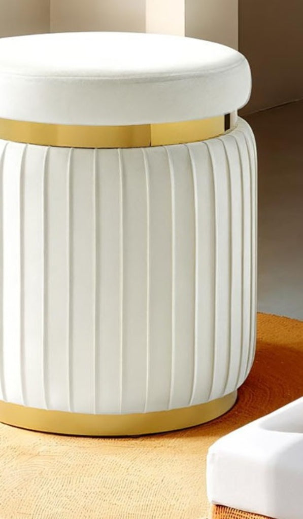 Contemporary Style 1pc Round Accent Stool Stainless Steel Gold Trim Velvet Fabric White Finish Primary Living Room