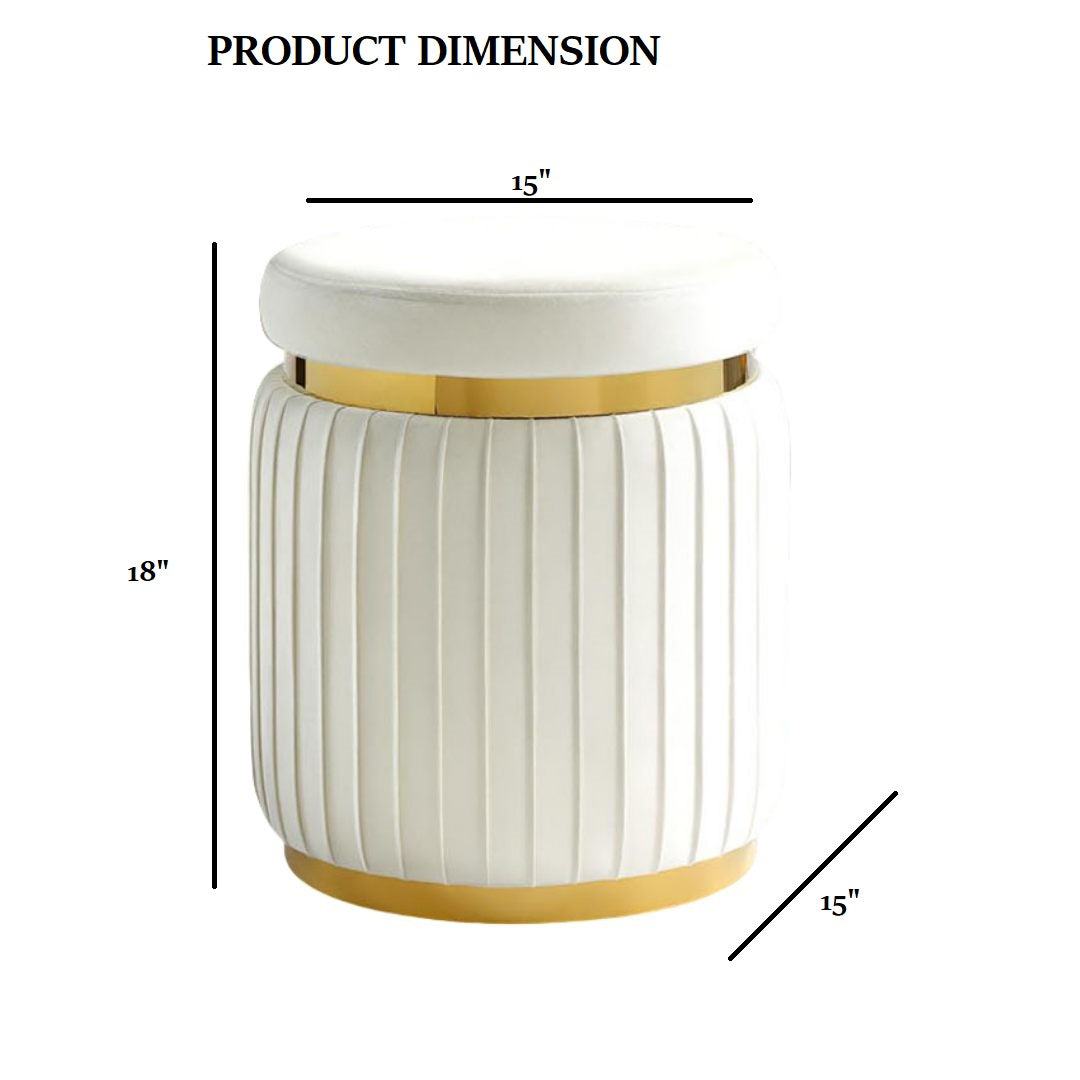 Contemporary Style 1pc Round Accent Stool Stainless Steel Gold Trim Velvet Fabric White Finish Primary Living Room