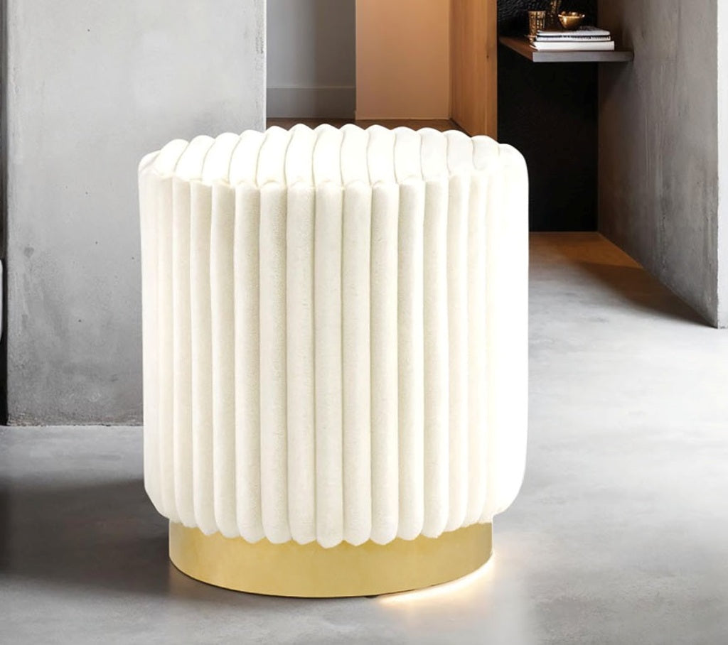 Contemporary Style 1pc Round Accent Stool Gold Base Stainless Steel Fur Fabric Beige Finish Primary Living Room