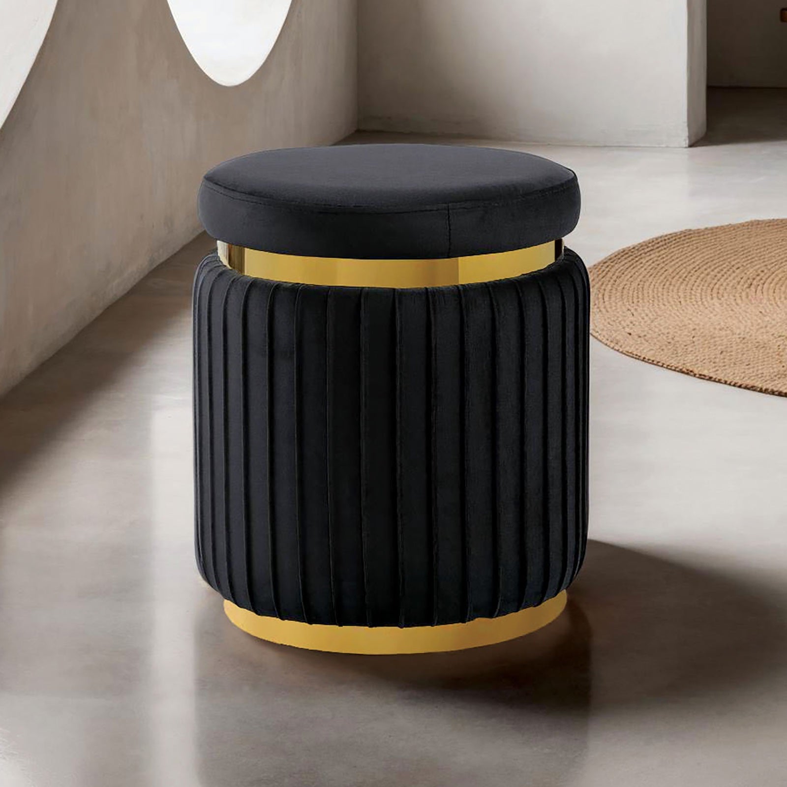 Black Finish Contemporary Style 1pc Round Accent Stool Stainless Steel Gold Trim Velvet Fabric Primary Living Room