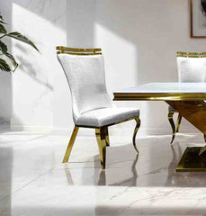 White Finish 2pc Side Chair Gold Legs Tiger Printed Upholstered Seat Dining Room
