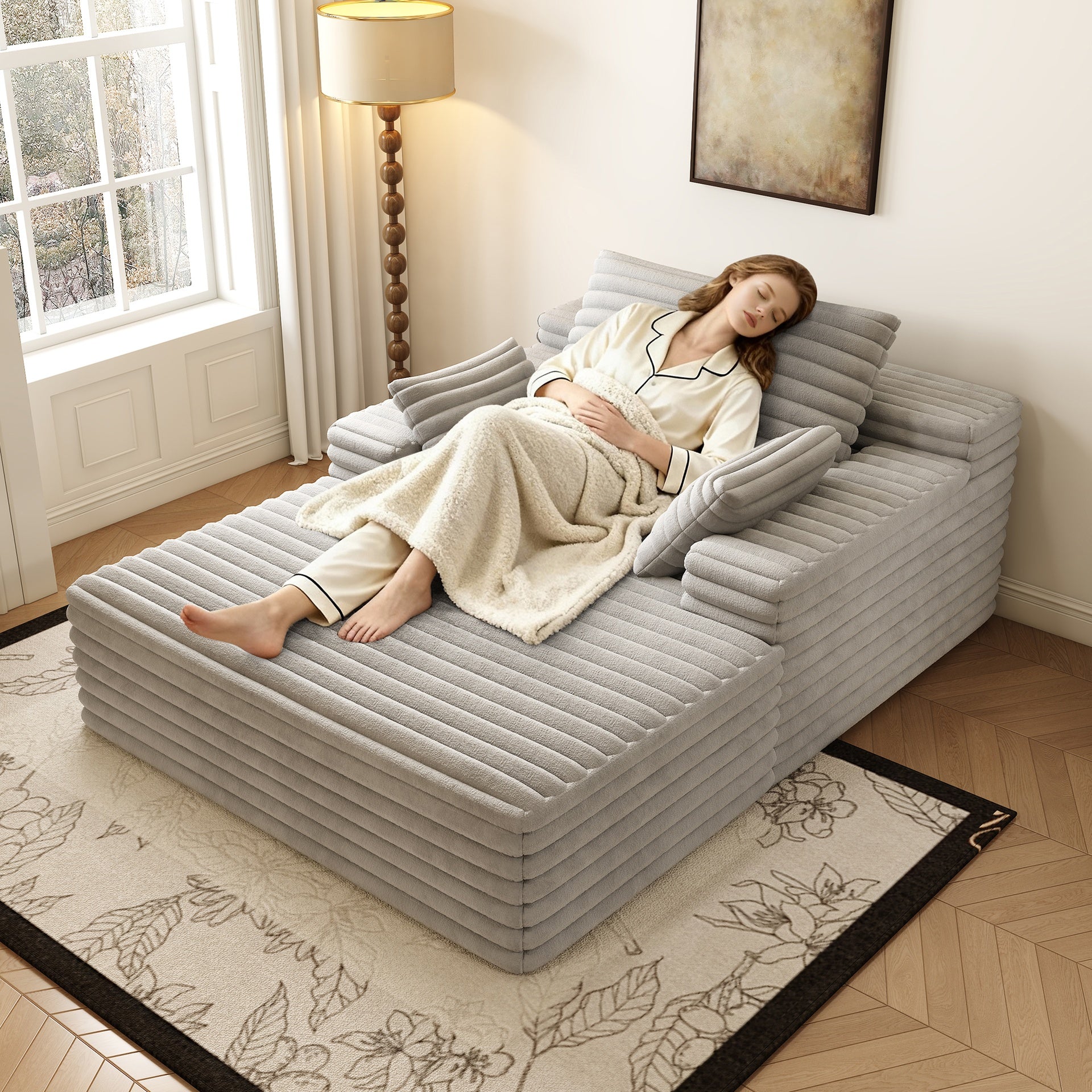 Chaise Lounge Chair Indoor, Oversized Upholstered Sofa Bed, Sleeper Couch Reading Chairs Fluffy Plush Faux Fur Cloud Sofas Couches for Living Room,Grey
