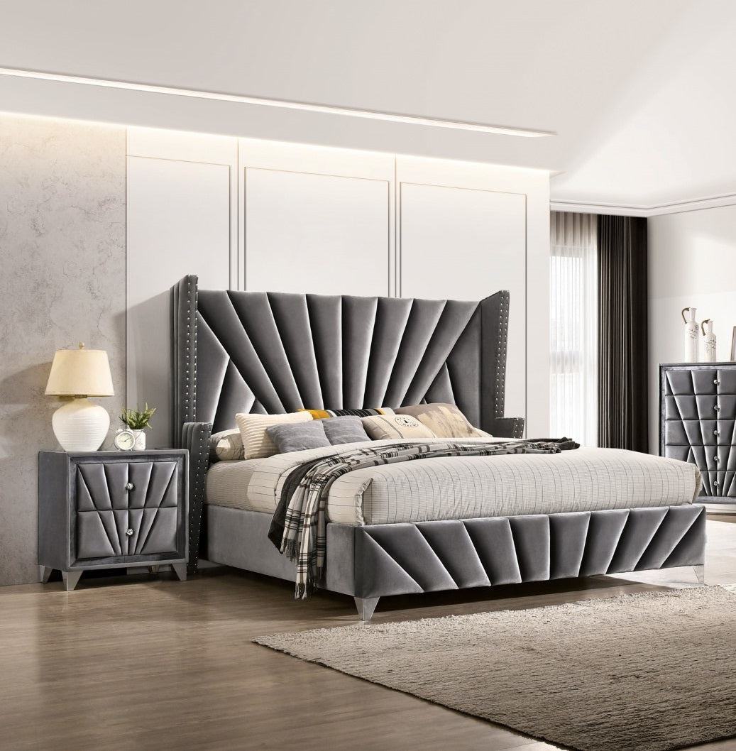 Bedroom Wingback Headboard 1pc Queen Size Bed Furniture Gray Fabric Upholstered Unique Beautiful Bed