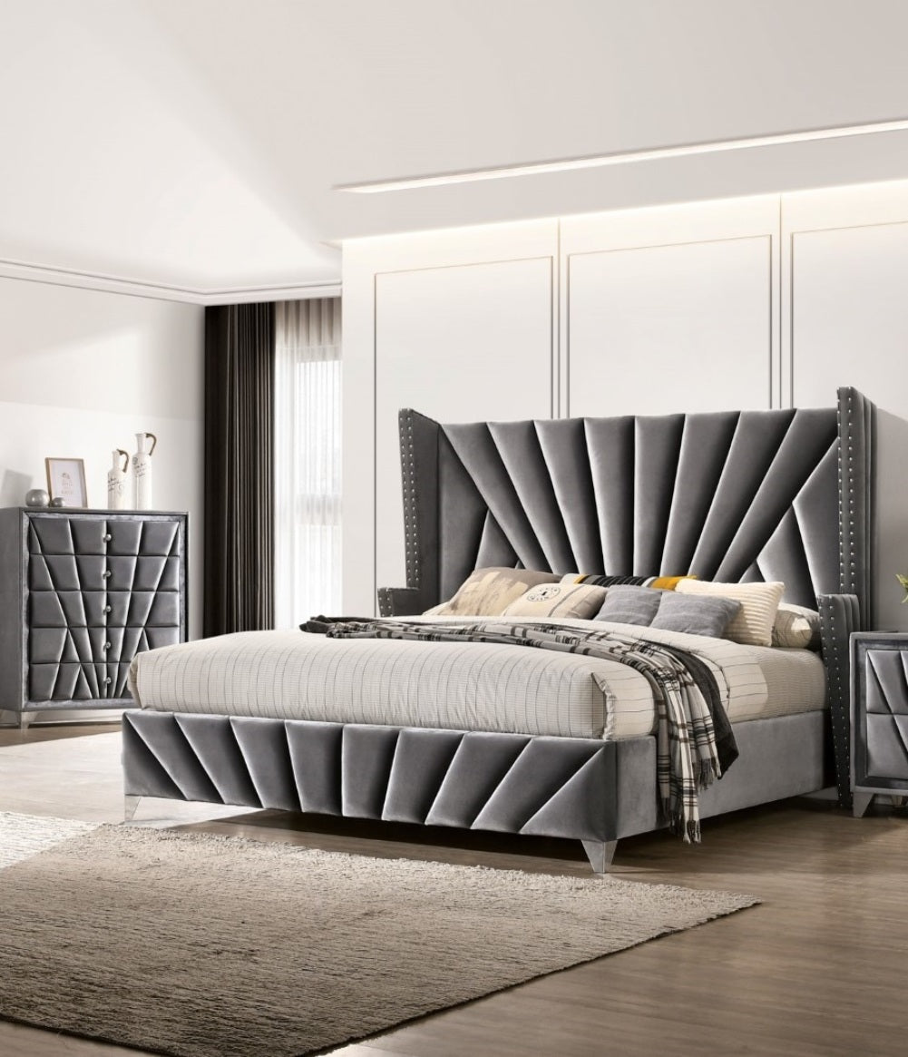 Bedroom Wingback Headboard 1pc Queen Size Bed Furniture Gray Fabric Upholstered Unique Beautiful Bed