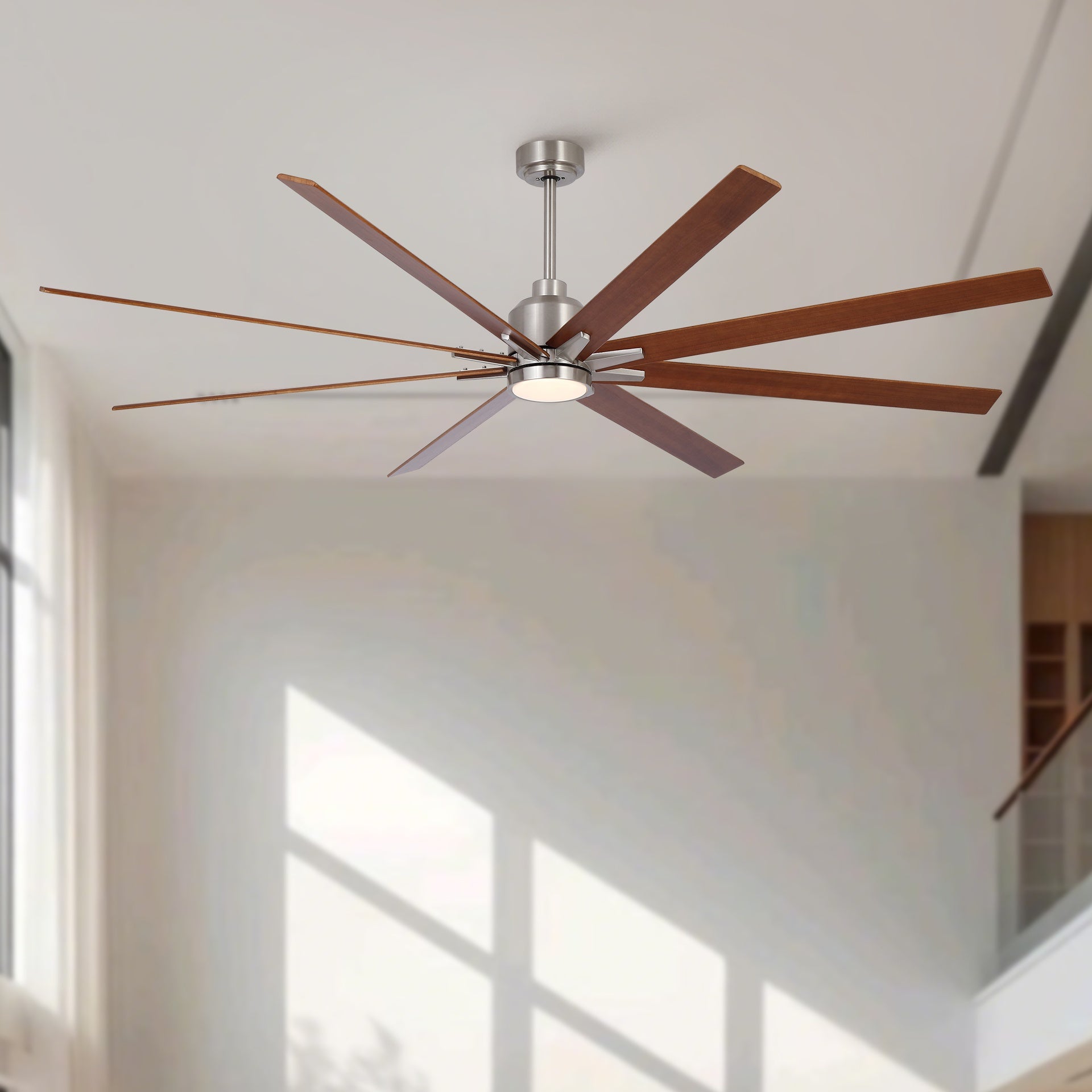 84" Oversized Large Brushed Nickel Black Walnut Solid Wood Ceiling Fan with Dimmable Led Light 8 Black Walnut Solid Wood Blades Remote Control Reversible DC Motor For Living Room Warehouse Villa