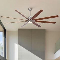 84" Oversized Large Brushed Nickel Black Walnut Solid Wood Ceiling Fan with Dimmable Led Light 8 Black Walnut Solid Wood Blades Remote Control Reversible DC Motor For Living Room Warehouse Villa