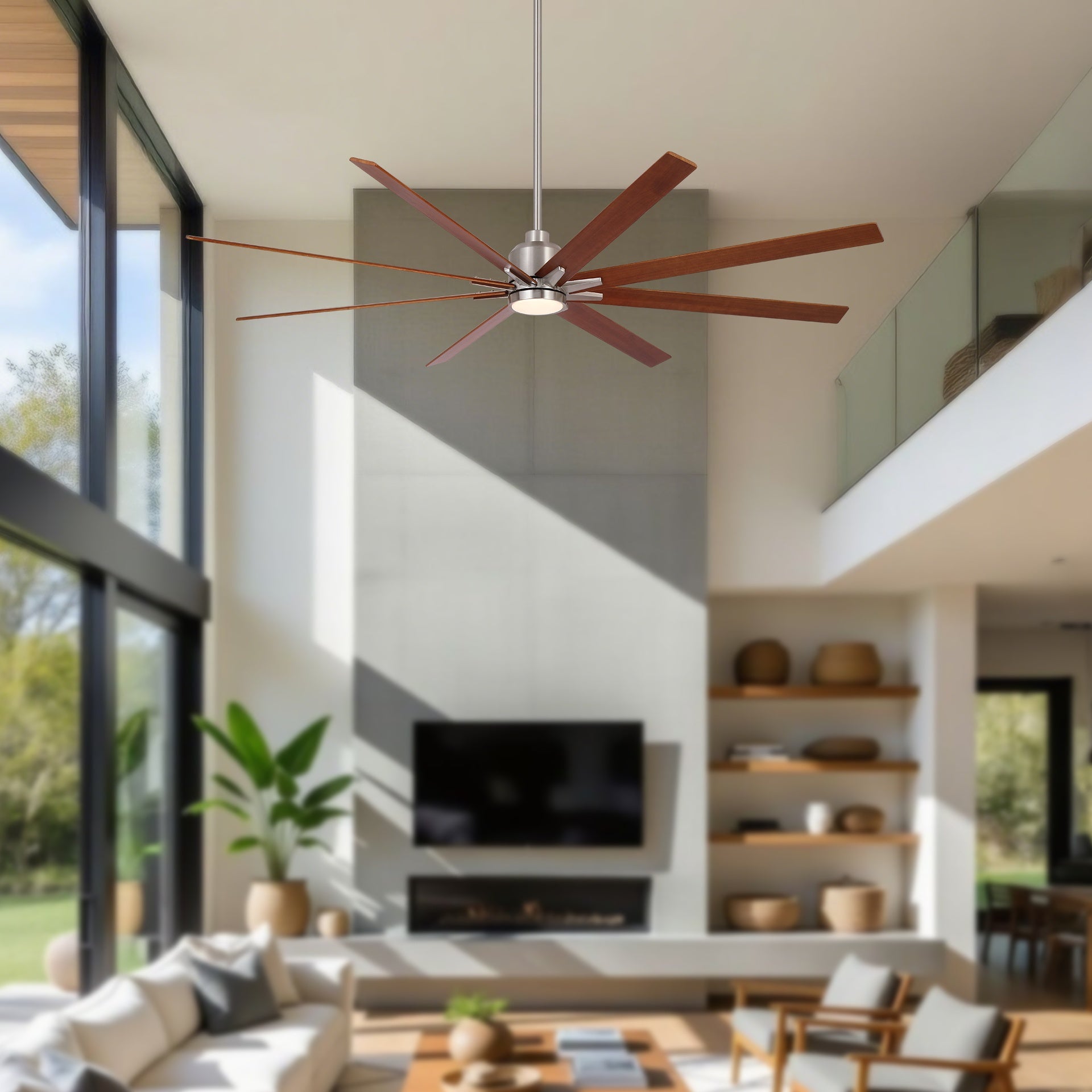 84" Oversized Large Brushed Nickel Black Walnut Solid Wood Ceiling Fan with Dimmable Led Light 8 Black Walnut Solid Wood Blades Remote Control Reversible DC Motor For Living Room Warehouse Villa