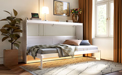 Twin-Size Modern Side-Folding Murphy Bed with Trendy Printed Pattern, LED Under-Bed Lighting & Built-In USB Outlet – Space-Saving Design-White