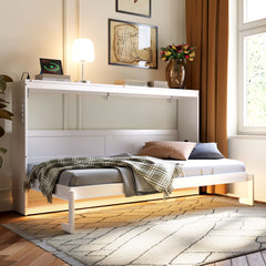 Twin-Size Modern Side-Folding Murphy Bed with Trendy Printed Pattern, LED Under-Bed Lighting & Built-In USB Outlet – Space-Saving Design-White