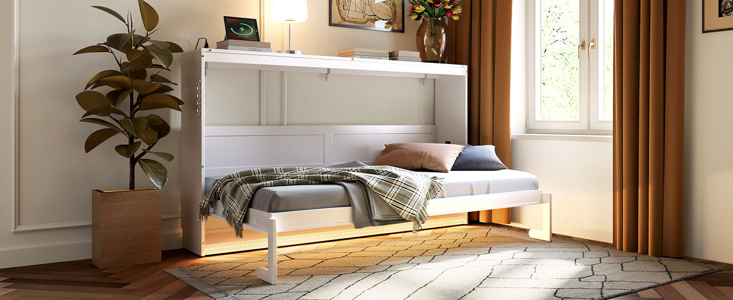 Twin-Size Modern Side-Folding Murphy Bed with Trendy Printed Pattern, LED Under-Bed Lighting & Built-In USB Outlet – Space-Saving Design-White