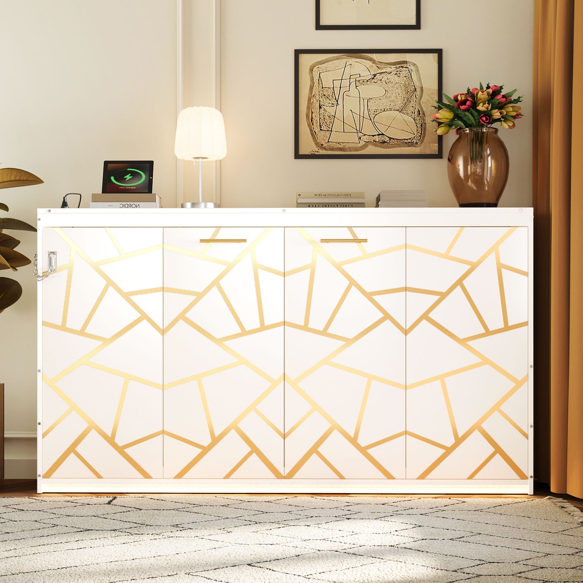 Twin-Size Modern Side-Folding Murphy Bed with Trendy Printed Pattern, LED Under-Bed Lighting & Built-In USB Outlet – Space-Saving Design-White