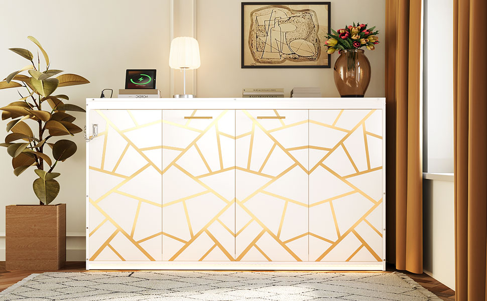 Twin-Size Modern Side-Folding Murphy Bed with Trendy Printed Pattern, LED Under-Bed Lighting & Built-In USB Outlet – Space-Saving Design-White