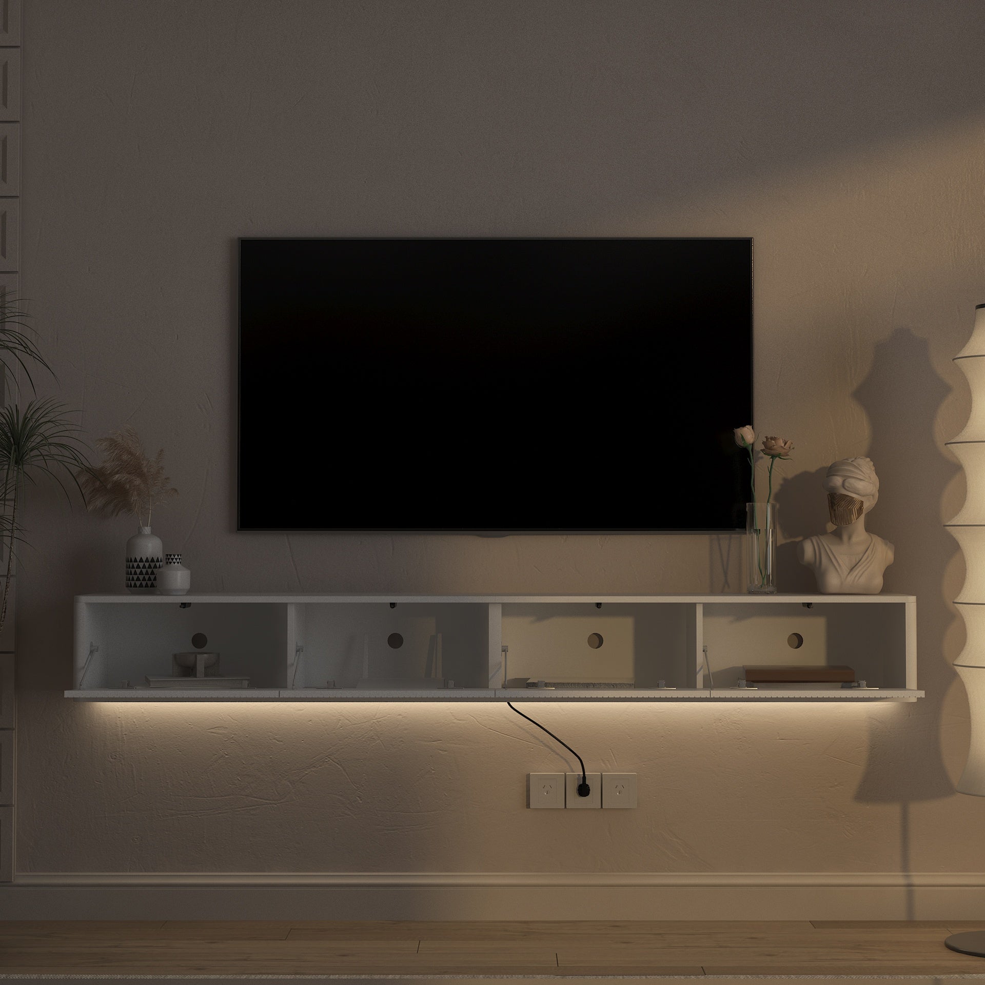 Floating TV Stand, Wall Mounted TV Shelf with Led Lights & Power Outlet,High Gloss TV Cabinet for White tv Stands for Living Room