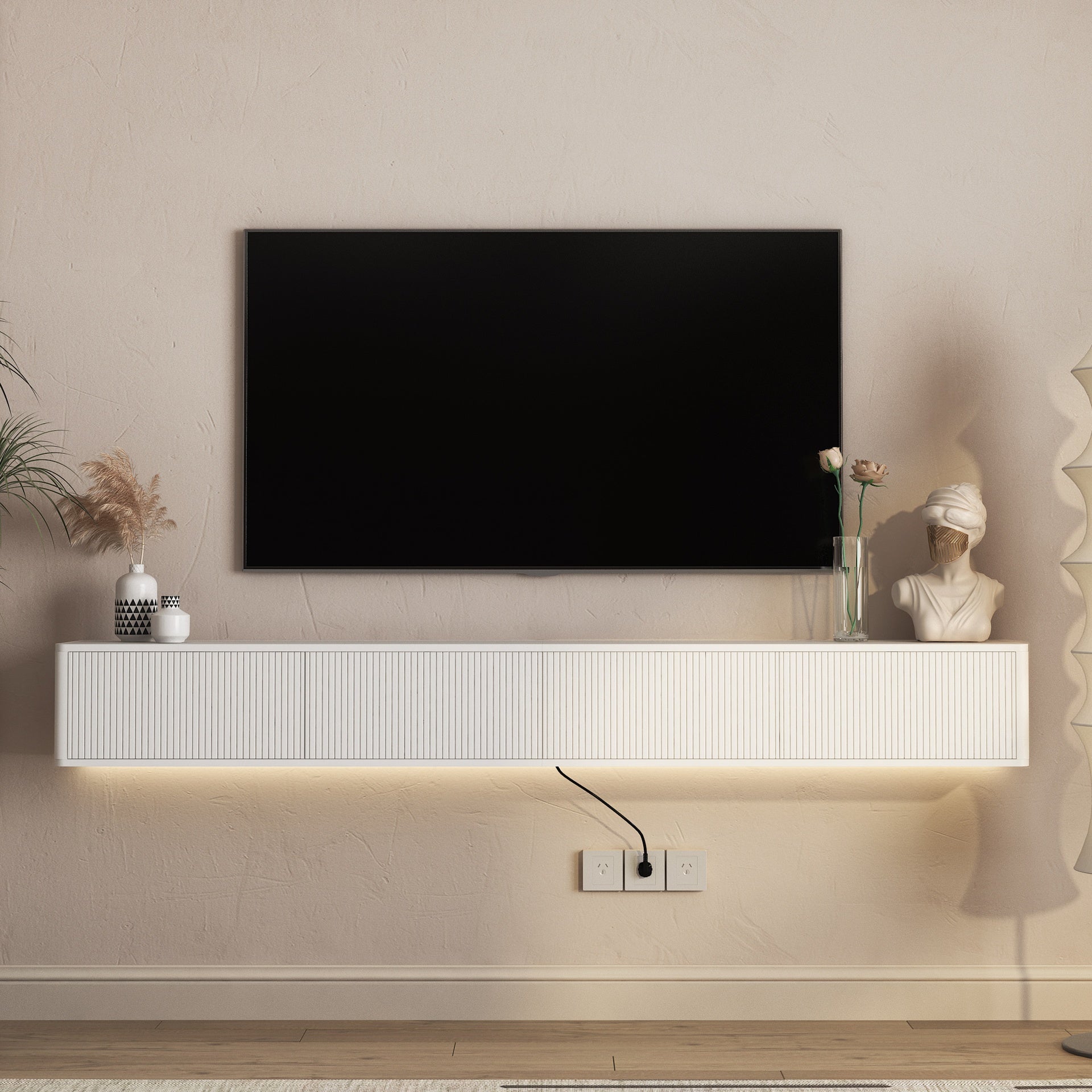 Floating TV Stand, Wall Mounted TV Shelf with Led Lights & Power Outlet,High Gloss TV Cabinet for White tv Stands for Living Room