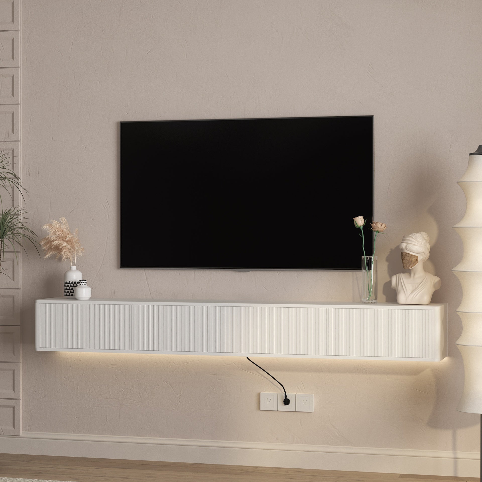 Floating TV Stand, Wall Mounted TV Shelf with Led Lights & Power Outlet,High Gloss TV Cabinet for White tv Stands for Living Room