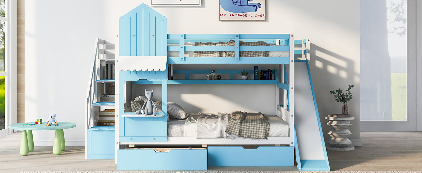 Full-Over-Full Castle Style Bunk Bed with 2 Drawers 3 Shelves and Slide - Blue(OLD SKU:LT000558AAC-2)
