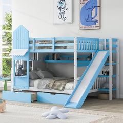 Full-Over-Full Castle Style Bunk Bed with 2 Drawers 3 Shelves and Slide - Blue(OLD SKU:LT000558AAC-2)