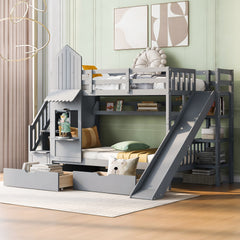 Twin-Over-Twin Castle Style Bunk Bed with 2 Drawers 3 Shelves and Slide - Gray(OLD SKU:LT000559AAE-2)