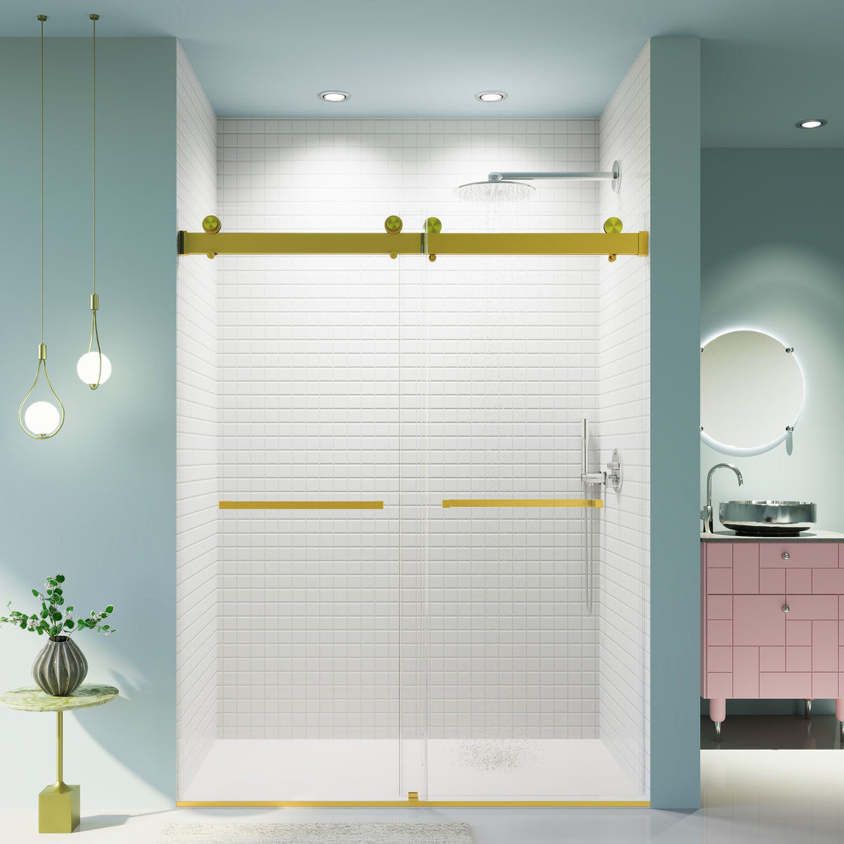 56-60 inches W *76 inches H  Frameless Double Sliding Soft-Close Shower Door in Brushed Gold,3/8 inches (10mm) Thick SGCC Tempered Glass  Door