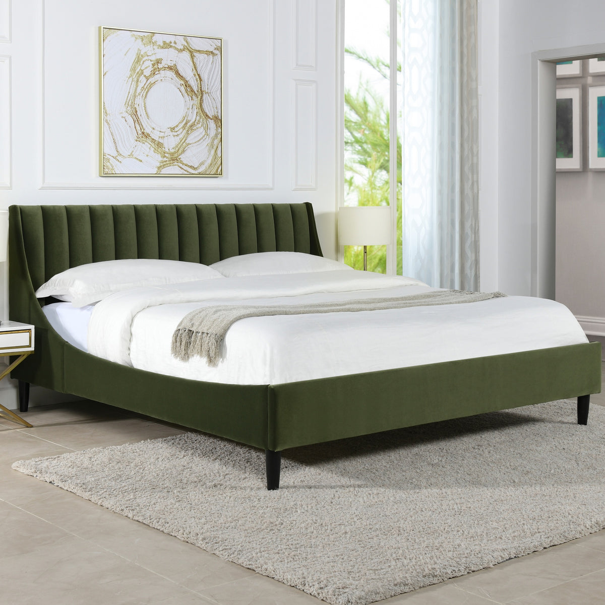 Aspen Vertical Tufted Headboard Platform Bed Set, King, Olive Green Performance Velvet