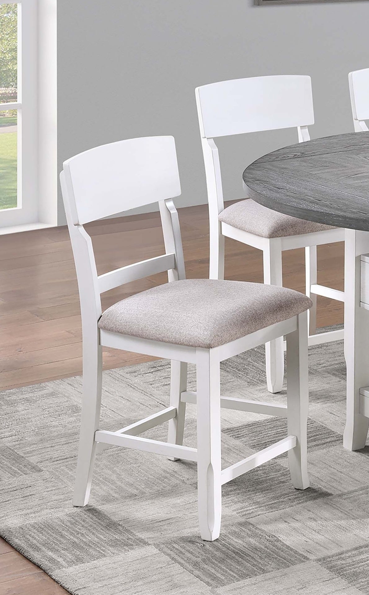 Classic 7pc Counter Height Dining Set Antique White Gray Table w Lazy Susan Built-in Leaf 6x High Chairs Kitchen Dining Room Storage Space Furniture