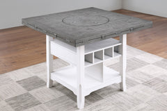 Classic 7pc Counter Height Dining Set Antique White Gray Table w Lazy Susan Built-in Leaf 6x High Chairs Kitchen Dining Room Storage Space Furniture