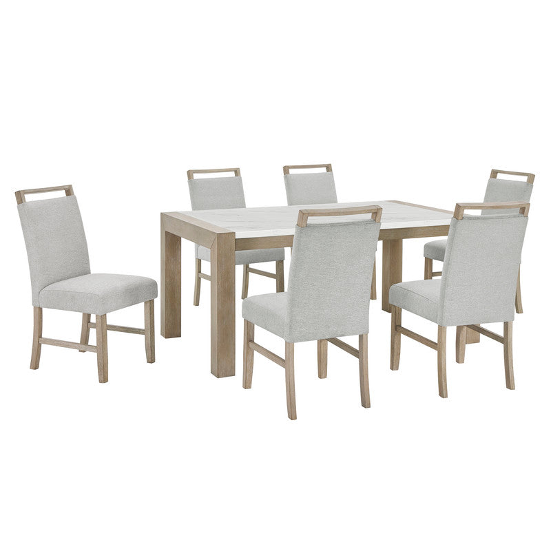 Louisa 7Pc 66" Rectangular White Faux Marble Top Dining Set in Light Oak Finish